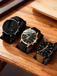 Men'S 3counts Casual Quartz Watch Set Casual Trendy Wristwatch - Featuring a Minimalist Black Dial, Roman Numerals, Faux Leather Strap, Quartz Movement, Suitable for Everyday And Special Occasions - a Great Gift Choice for Birthdays, Graduations