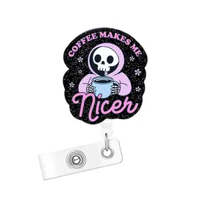 Coffee Makes Me Nicer Letter Pattern Badge Holder, 1 Count/3 Counts Retractable Badge Reel, Name Badge Holder for Nurse Doctor Student Worker Volunteer