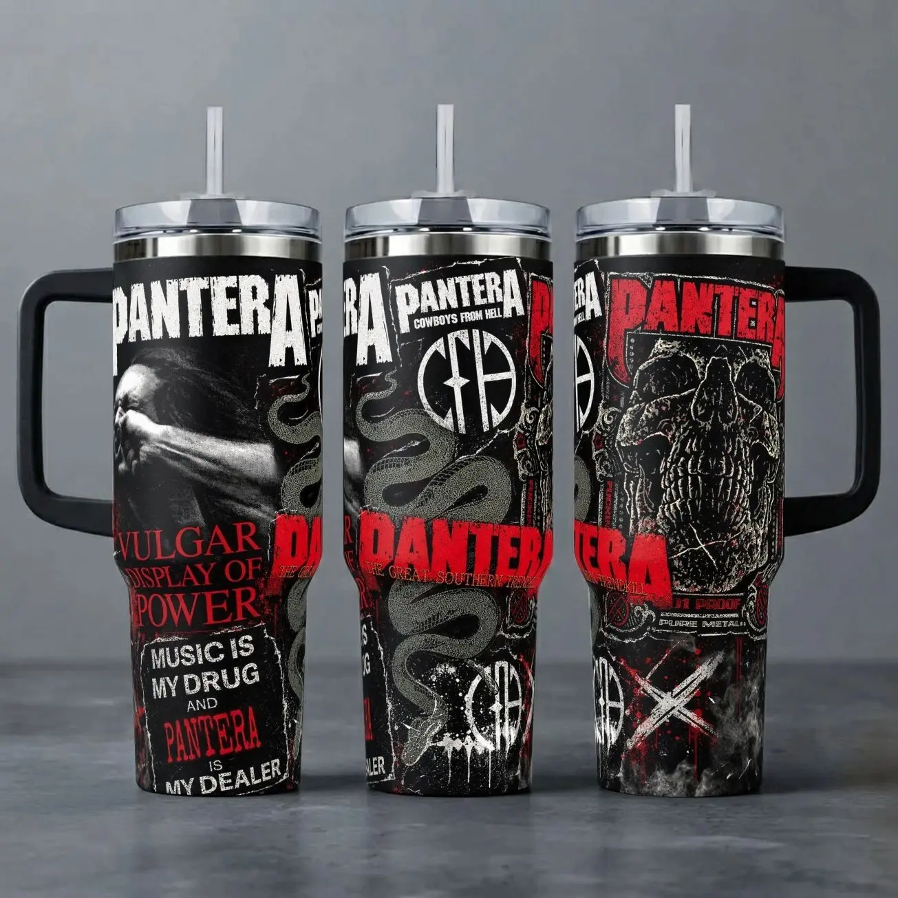 Pantera Band Tumbler, 20oz & 40oz Insulated Travel Mug with Handle & Straw. Vulgar Display of Power Heavy Metal Music Cup, Groove Metal Fan Merchandise, Perfect Gift for Music Lovers and Concert Enthusiasts