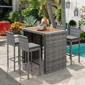 Aobtkel®<old sku:="" fg201216aae="">GO 5-pieces Outdoor Patio Wicker Bar Set, Bar Height Chairs With Non-Slip Feet And Fixed Rope, Removable Cushion, Acacia Wood Table Top, Brown Wood And Gray Wicker</old>#Summervibes
