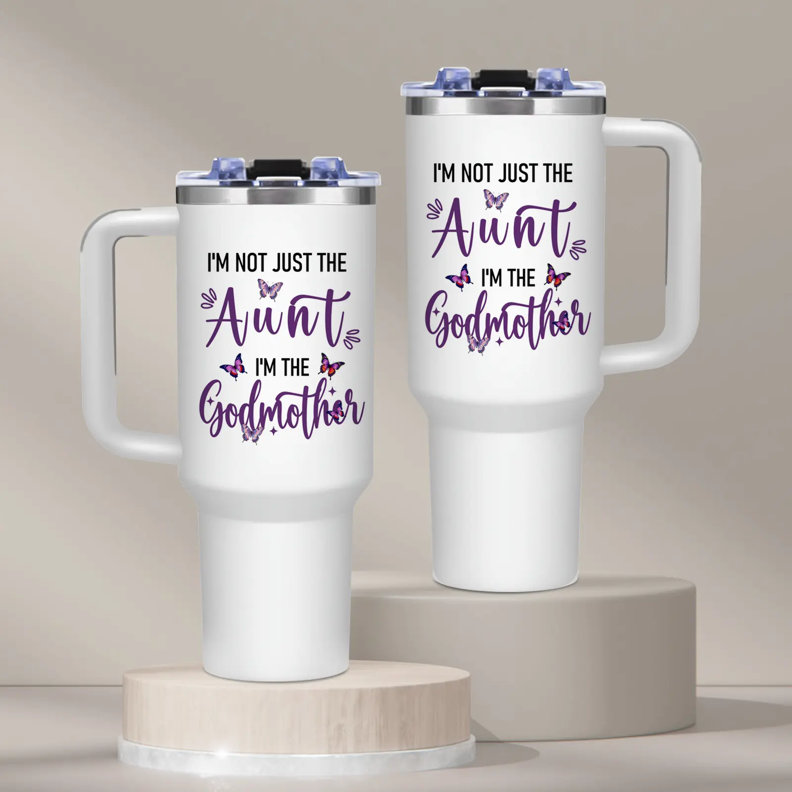 40oz Stainless Steel Vacuum Insulated Butterfly Godmother Tumbler with Handle, Lid, Reusable Purple Watercolor Iced Coffee Cup, Portable Flask for Home & Travel, Godmother Lover Gift for Women, Beach, Flasks