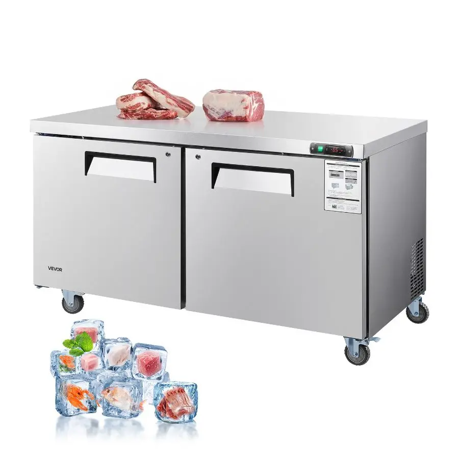 VEVOR 60W Power Commercial Freezer, 14.8 Cu. Ft 2-Door Lockable Undercounter Unit with LED Auto Lighting, Stainless Steel Prep Worktable & Casters for Food Freezing Prep