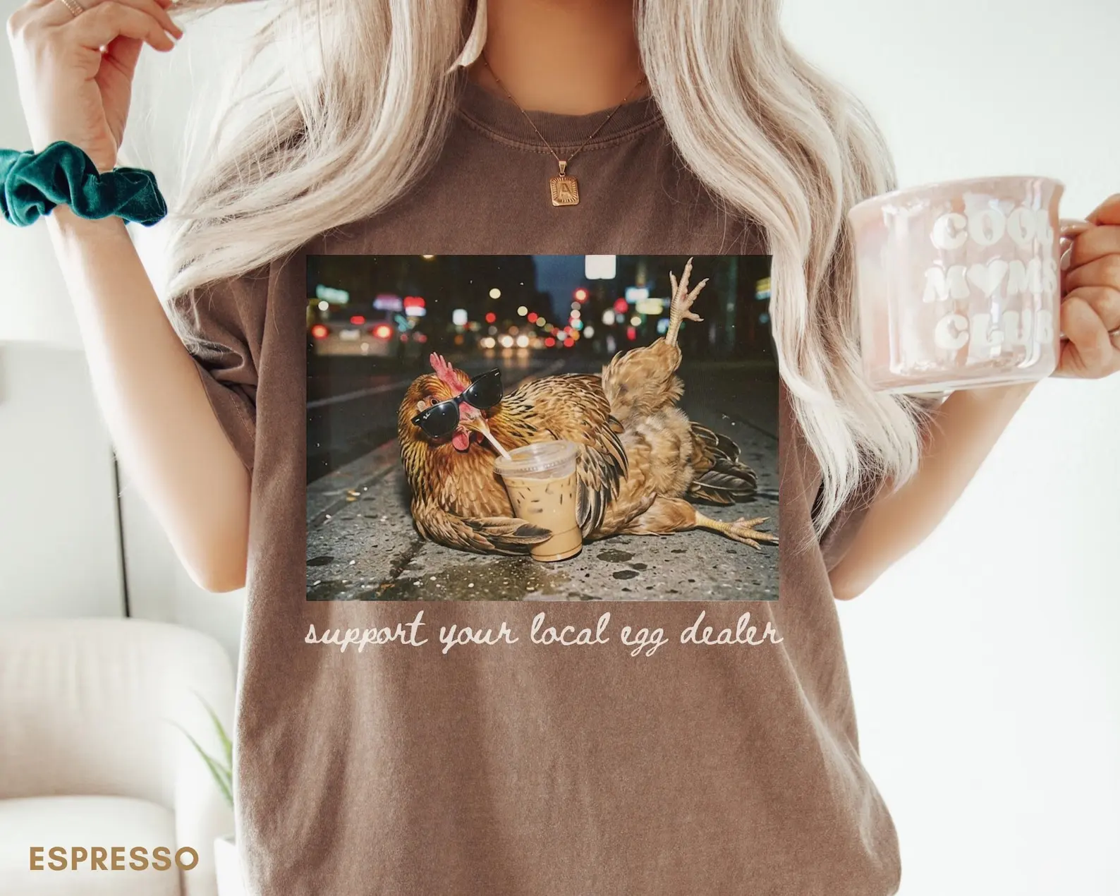 Comfort Colors Chicken Drinking Iced Coffee Shirt, Funny Chicken Shirt for Women, Support Your Local Egg Dealer Tshirt, Gift for Farmer Mom