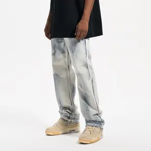 American High Street Retro Distressed White Wash Design Jeans Men's Trendy Brand High Street Cool Slim Straight Pants