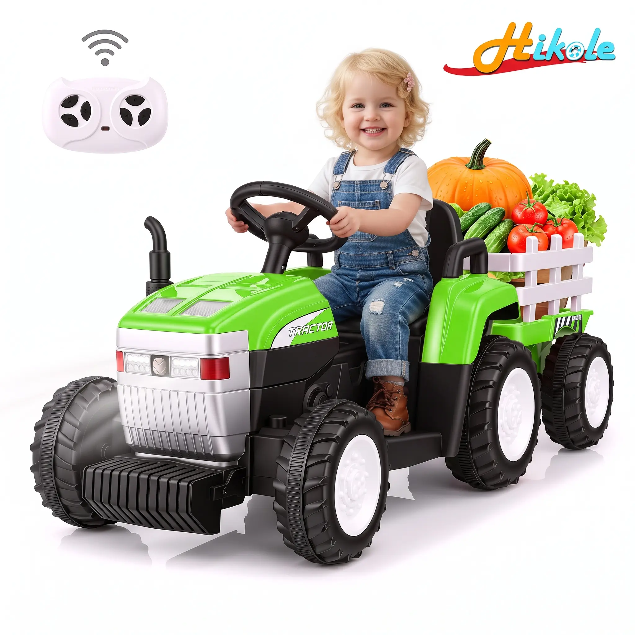 Hikole John Deere Farm Power 12 Volt Ride-on Tractor and Trailer with Remote Control wireless music