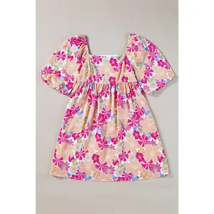 Rose Summer Floral Square Neck Puff Sleeve Babydoll Dress