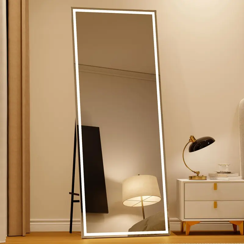 【Christmas Gift】White LED Mirror Full Length 71"x 28" Full Body Mirror with Light Floor Mirror Wall Mounted Mirror Freestanding Full Size Mirror dimming 3 Colors Lighting Bedroom Bathroom Decor Reflection Safety