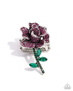 Boutonniere Bling - Pink Rhinestone Flower Green Stem Silver Ring - Paparazzi
