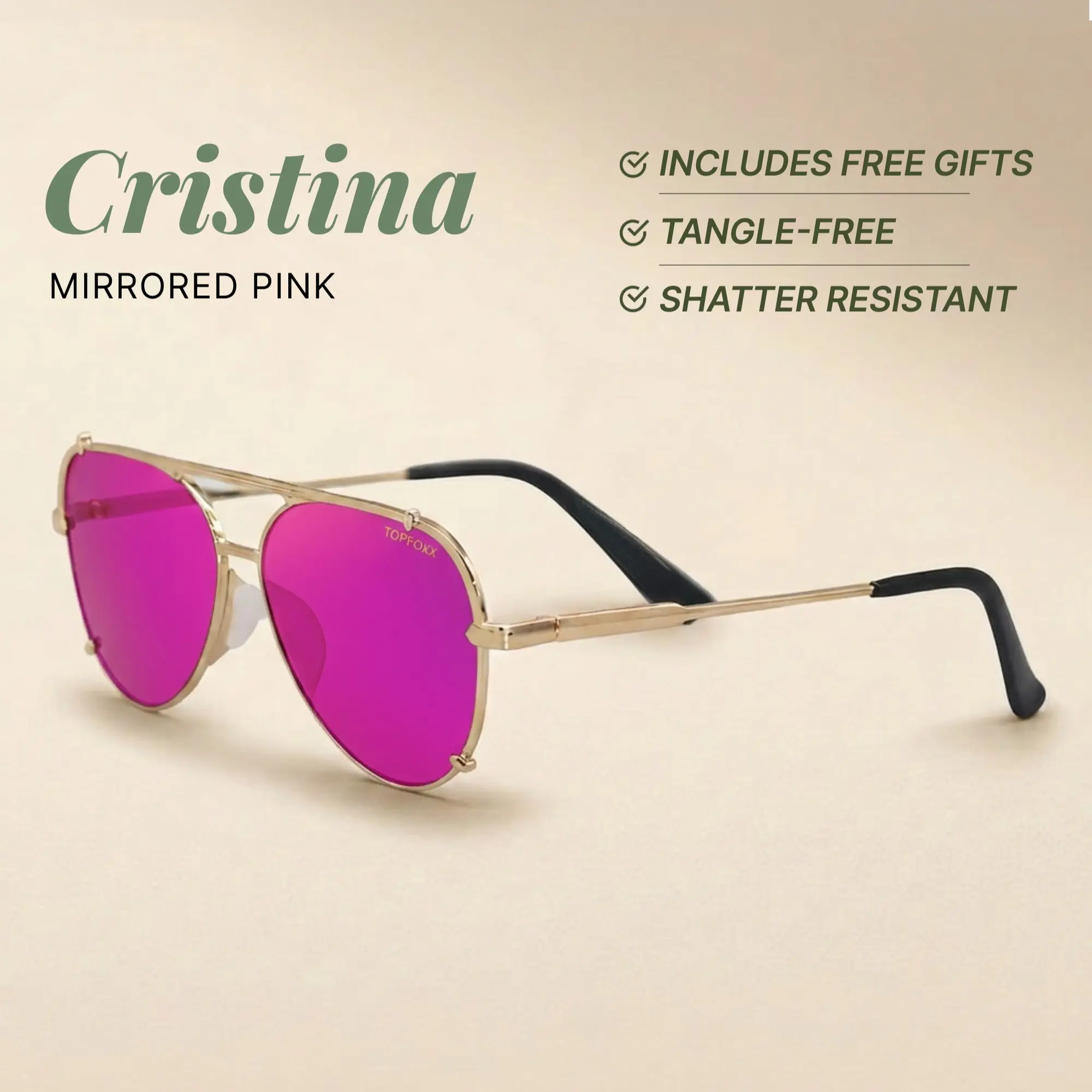 Cristina - Mirrored Pink - Tangle Free Round Aviators Sunglasses - Certified Shatter-Resistant Lenses - UV400 - For Women & Men