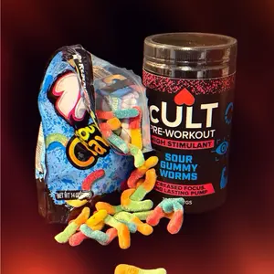 CULT Pre-Workout High Stimulant Sour Gummy Worms 14 oz Enhanced Focus & Lasting Pump Energy Supplement with 300mg Caffeine