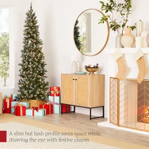 6ft Pre-Lit Pencil Christmas Tree, Partially Flocked & Frosted Slim Decoration, 250 Lights, 618 Tips, Pine Cones, Foldable Stand