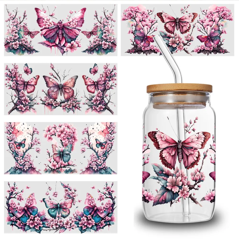 5 Pcs Floral Butterfly UV-DTF Stickers, 9.4x4.3" Scratch-Resistant Waterproof Self-Adhesive Labels with Strong Adhesion & 3D Effect, Side Eyes Decals for 16 oz Glass Cups, Home Decor Gifts (UV Resistant), 3D Three-Dimensional Effect