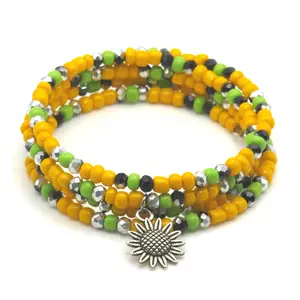 Sunflower Charm Beaded Memory Wire Wrap Bracelet