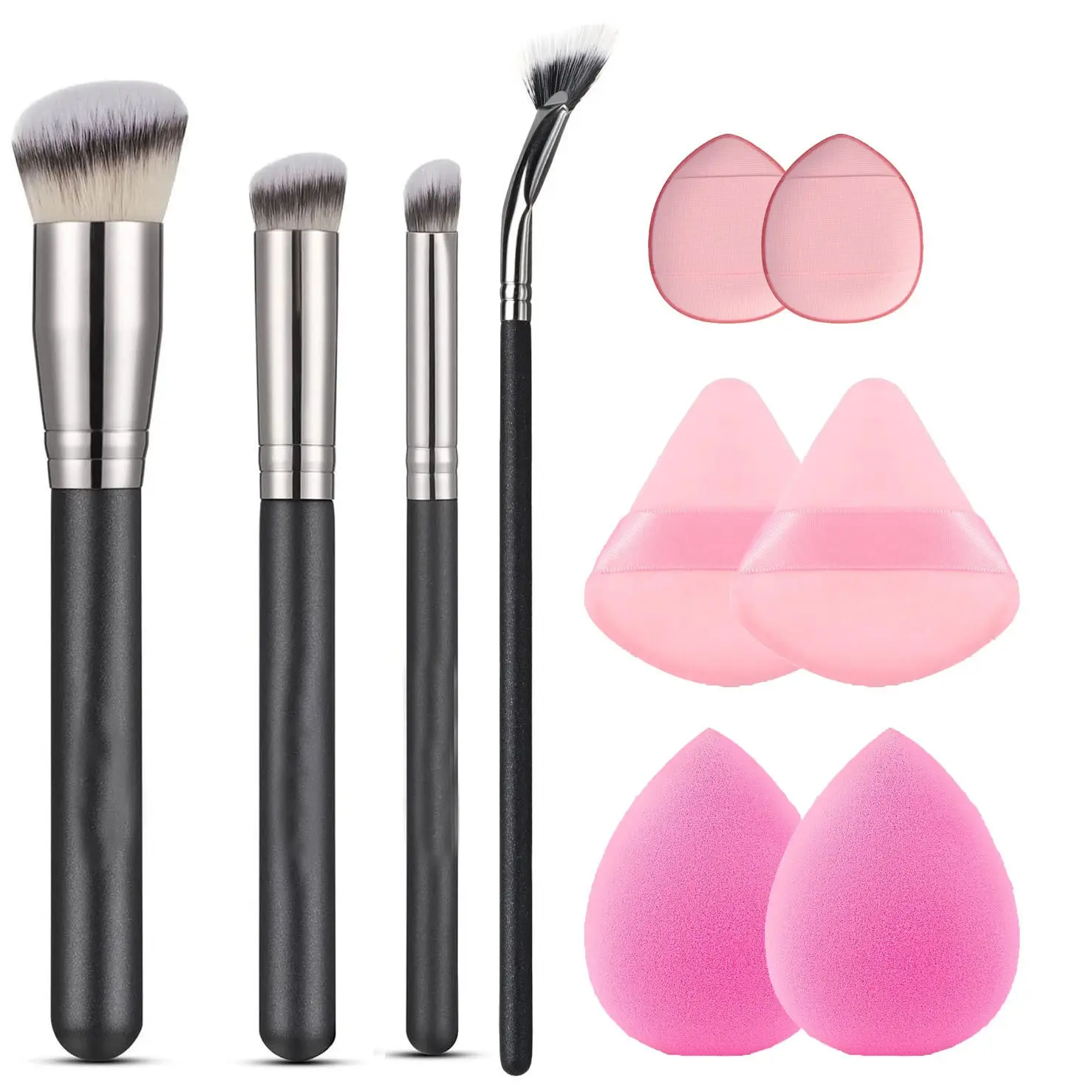 10Pcs Cosmetic Makeup Brush & Sponge Set, Makeup Brushes Kits: 4 Brushes + Powder Puffs + Beauty Sponges for Foundation, Concealer & Eyeshadow