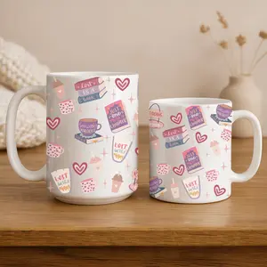 Retro Books & Coffee Mug Pink Reading Corner Pattern 11oz 15oz Mug
