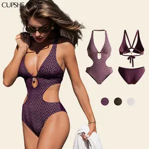 【Restocked】CUPSHE Monokini | Swimsuit Sculpting Cutout One-Piece Swimwear with Plunging Neck & Textured Chevron Print