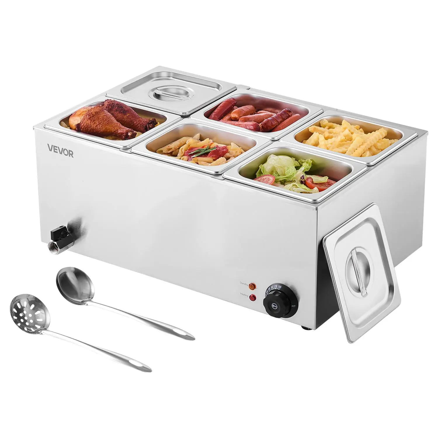 【summerfinds】VEVOR 24QT Commercial Stainless Steel 6-Pan Electric Steam Table Bain Marie Food Warmer - 1200W Power, 86-185°F Adjustable Temp, Auto Shut Off, Dry-Boil Protection, Fast Heating, Prevents Scale Buildup, Restaurant Catering Equipment, Temperat