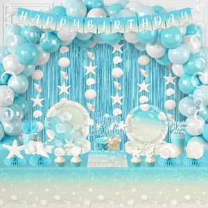 Beach Birthday Party Decorations, All-in-1 Ocean Themed Party Decorations with Balloon Arch Fringe Backdrop Seashell Bubble Garland Plates Napkins Centerpieces Cake Topper for Coastal Party, Serve 24