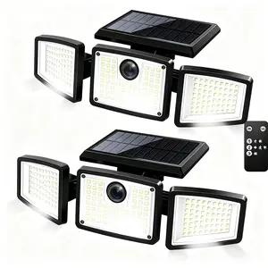 2Pcs 3-Head Wide Angle Solar Flood Lights with Motion Detection & Remote Control, IP44 Water Resistant Dusk-Dawn Automatic LED Lamp, Outdoor Lighting for Walkway Porch Farm