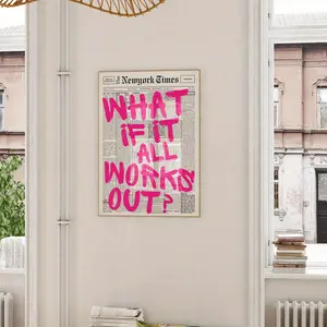1pc "What If It All Works Out?" Pink Inspirational Wall Art - Unframed Canvas Print with Bold Typography, Retro Aesthetic for Bathroom, Dorm, or Living Room Decor, Perfect for Bedroom, Kitchen, or Home Office, Dorm Room Decoration |   Bold Typography Art