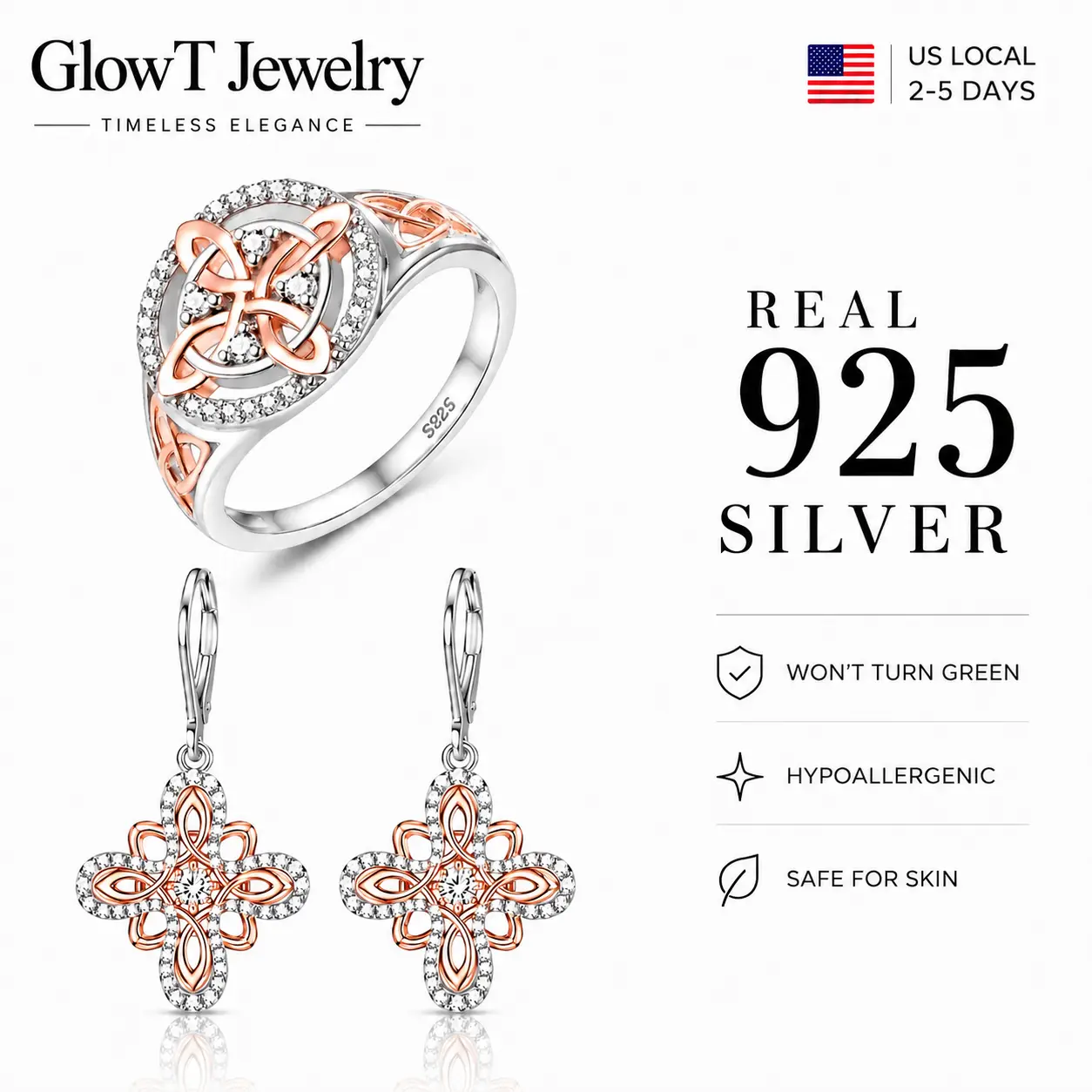925 Sterling Silver 2-Tone Rose Gold & Silver Celtic Knot Jewelry Set - Matching Leverback Drop Dangle Earrings, Micro Pave Halo Cubic Zirconia Simulated Diamond, Irish Wicca 4 Leaf Clover Filigree Ornate Fine Jewelry Ring
