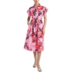D-Sun Women Button Down Shirt Dress V-Neck Floral Printed Short Sleeves Mid Shirt Dress Belt A-Line Party with Pockets