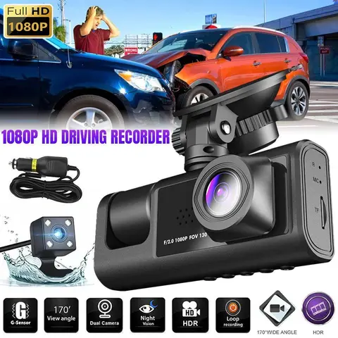 【TechVibes】ABS Plastic Safe Driving HD Car Camera - 3-Camera 3-Channel, 1080P Front, 720P Rear, 2-Inch Display, 170° Wide Angle, G-Sensor, Night Vision, 24H Parking & 24 Hours Recording, 1-Key Lock Record, Car Electronics Accessory