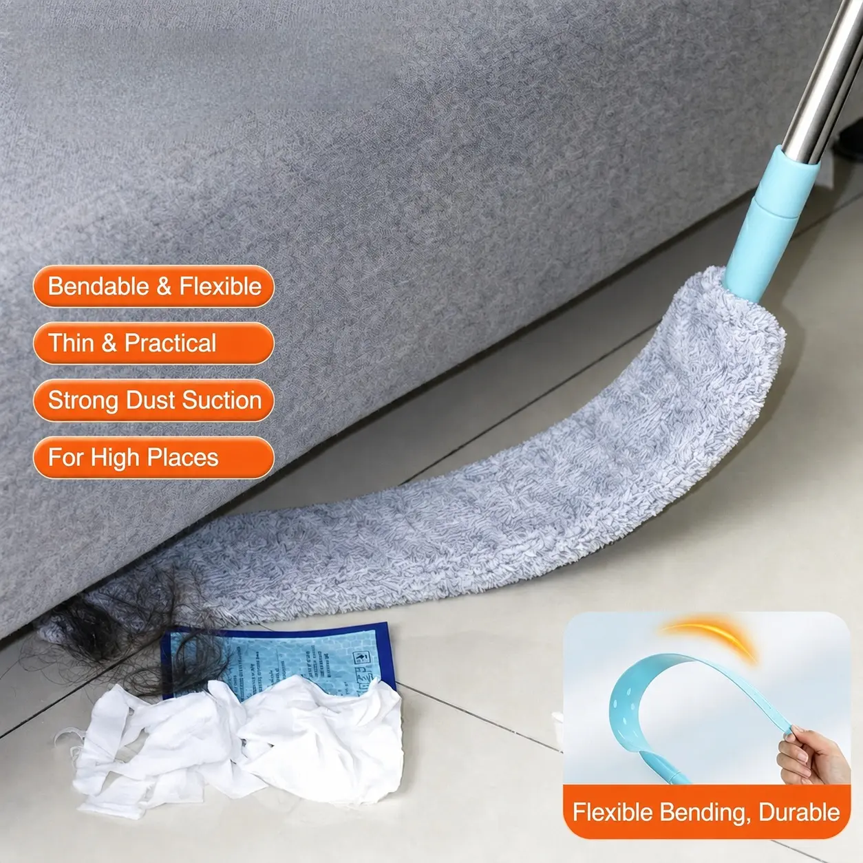 Durable Flexible Microfiber Gap Duster Replacement Head – Home Cleaning Tool for Corner Spaces, Under Furniture, Beds, Couches, Fridges with Arbitrary Bending Capability