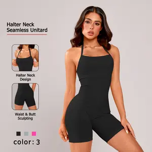 NcmRyu Women's Halter-Neck Seamless Unitard - Trendy Body-Sculpting Compressive Yoga Gym Activewear