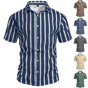 Men’s Summer Striped Linen Shirt, Casual Short Sleeve Button Down, Breathable Beach Vacation & Daily Wear, 5 Colors Available