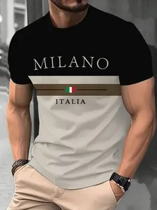 Men's Milan Letter Print T-Shirt, Simple Round Neck Short Sleeve, Summer Casual Fashion Streetwear, Outdoor Sports Top