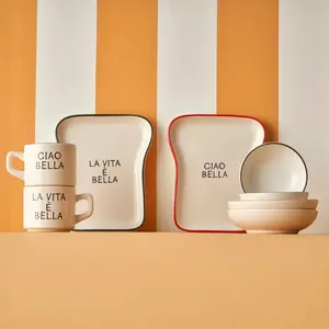 8-Piece Ceramic Line Toast Shaped Tableware Set, Includes Tea Bowls and Plates for Breakfast