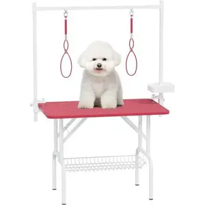 Donext Dog Grooming Table, 36" Foldable Pet Grooming Table with Arm & Noose, Adjustable Cat Drying Desktop, Pink Pet Grooming Station for Home Use
