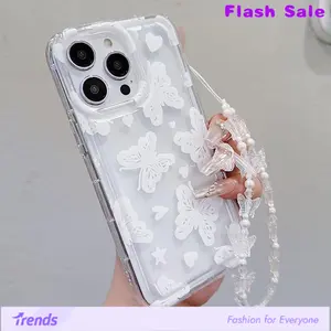 Butterfly Decor Soft TPU Flexible Full-Body Airbag Shockproof Protection Phone Case with Wrist Strap ,Clear Cover For iPhone 17 16 15 14 13 12 11 Pro Max Plus Air