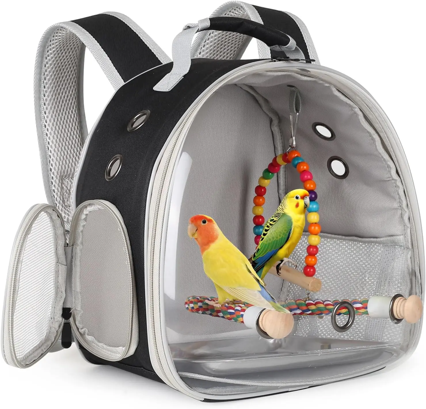 Black Portable Parrot Travel Carrier Backpack with Steel Frame, Mesh Fabric, Carry Handle, Standing Perch, Small Swing Toy, Colorful Bird Toys Set for Small Birds, Parakeets (Shopping-Friendly Design)