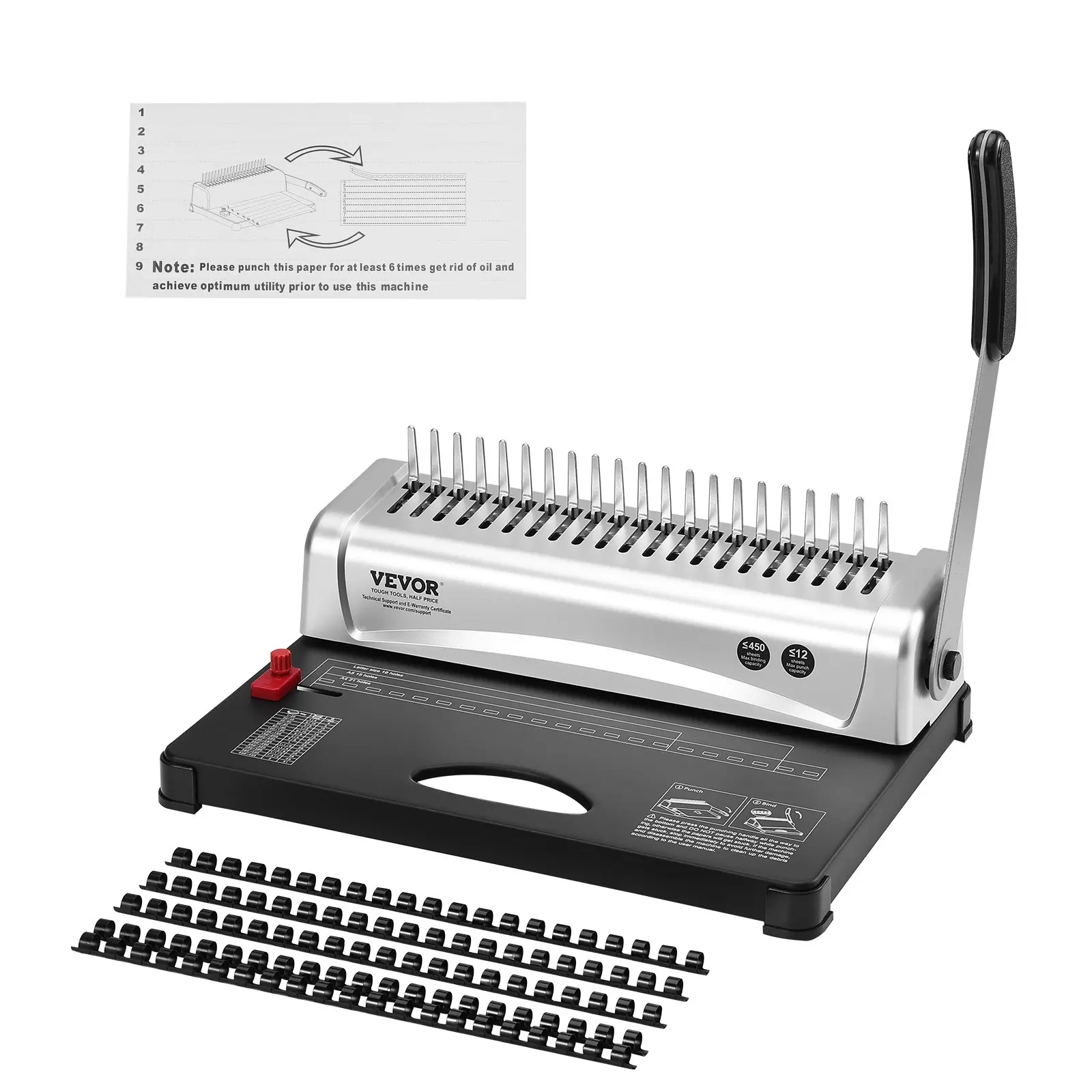 【Summerfinds】 VEVOR Binding Machine, Comb Binding Machine 21-Holes Binding 450 Sheets, Book Binder Machine with 100 PCS 3/8'' Comb Binding Spines, for Letter Size, A4, A5dealsforyoudays