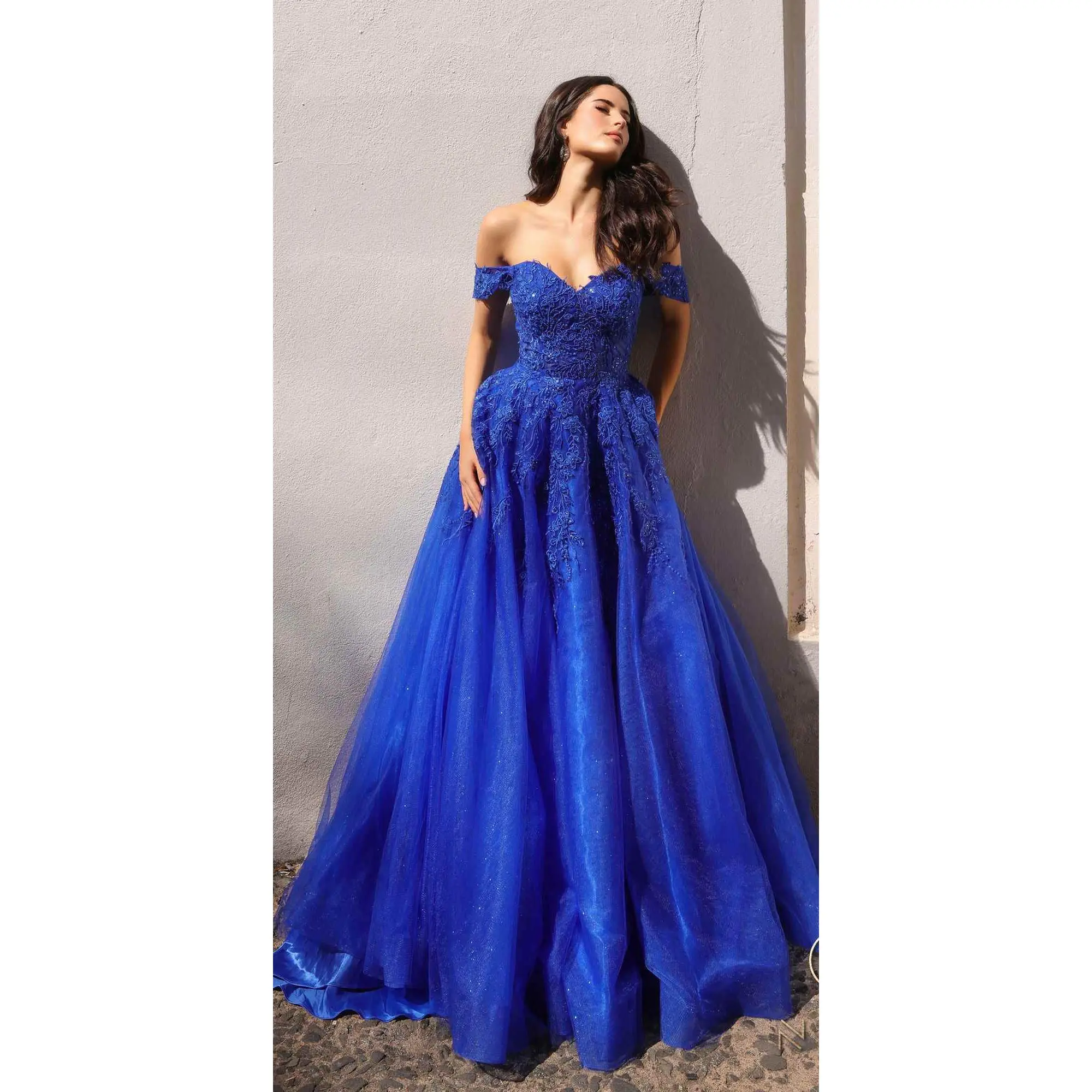NOX R1303 Women's A-Line Off-Shoulder Tulle Prom Gown with Layered Skirt, Embroidered Lace, and Corset Back