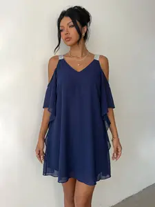 Women's V-Neck Puff Sleeve Sequin Off-The-Shoulder Chiffon Dress, Fashion Party Gown, Casual Wear for Daily Life and Events