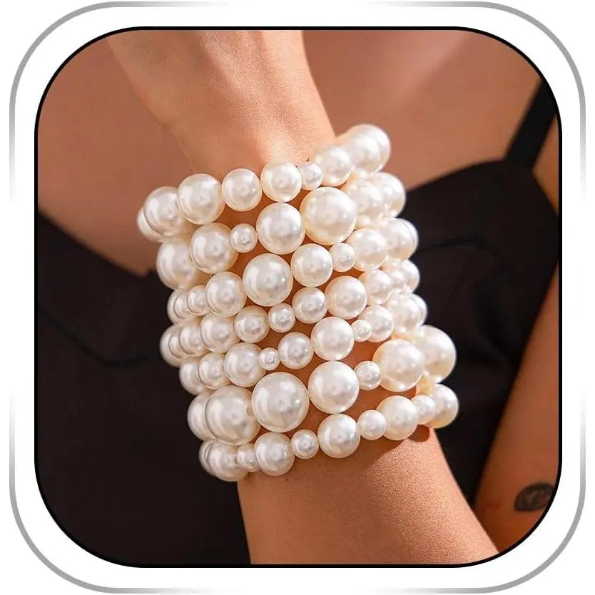 Pearl Bracelets for Women White Pearl Bracelet Stretch Pearl Bangles Stacked Wedding Pearls Bracelet