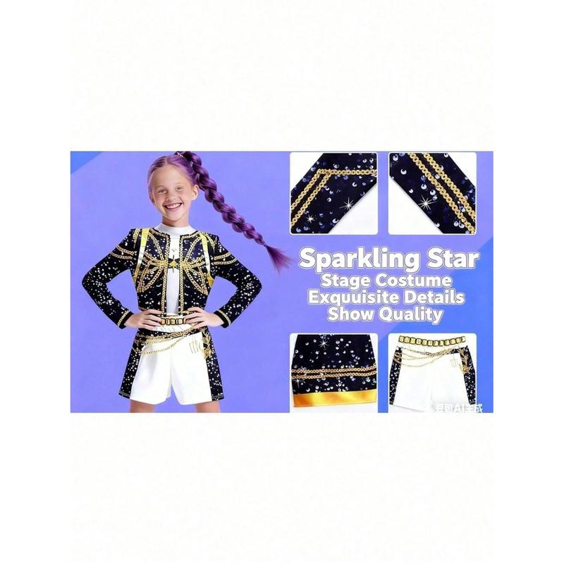 Girls K-Pop Rumi Mira Role Play Costume Set 3pcs Short Sleeve Crop Top Skirt Halloween Party Dress Up Clothes for Kids Comfortable Polyester Fabric Superstar Outfit