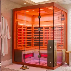 Meissalivve Full Spectrum Infrared Sauna, 3-4 Person Home Sauna, Red Cedar Luxury Indoor Spa Sauna With Resonance Speaker, Panoramic Tempered Glass Door