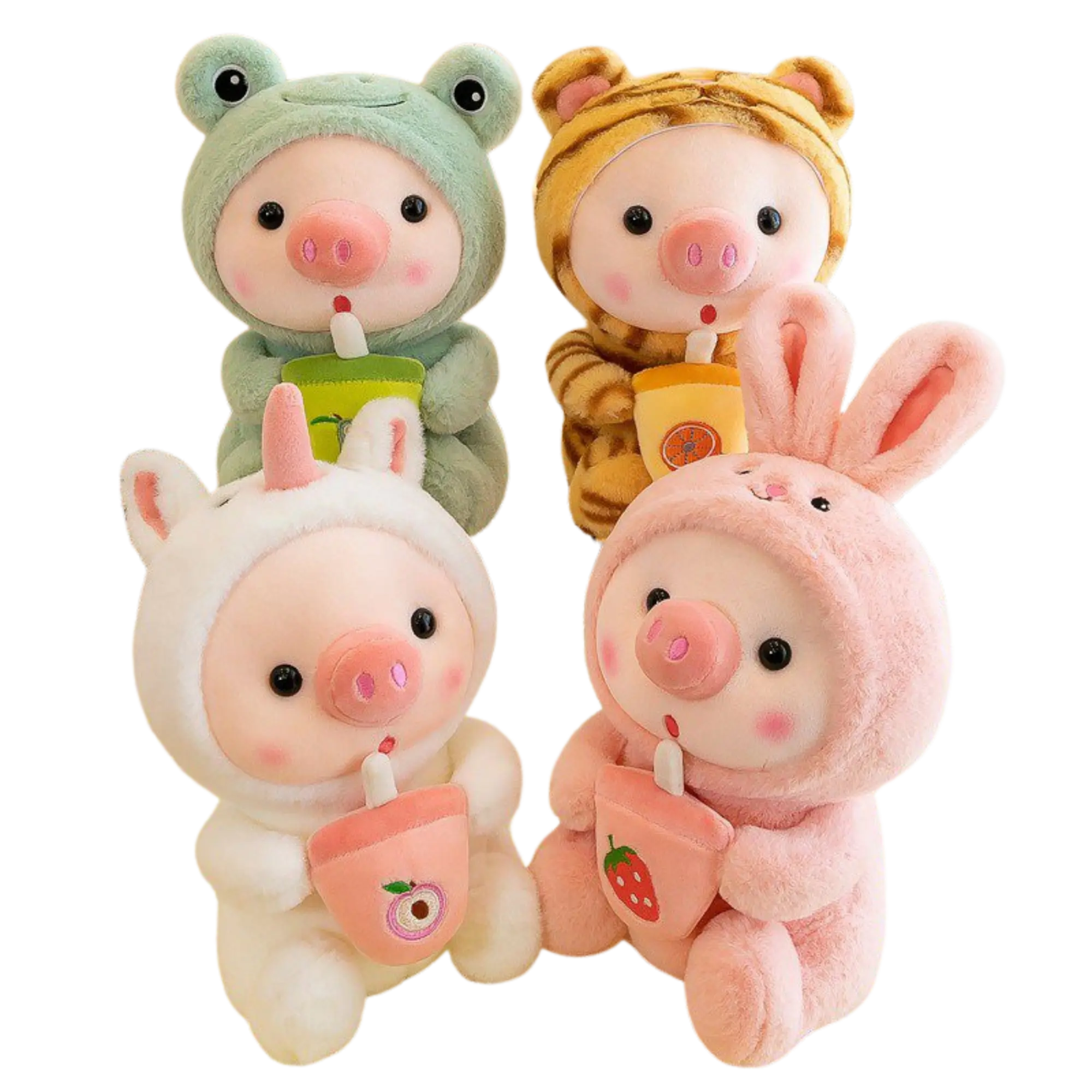 Kawaii Pig Plush Toy in Animal Costumes with Bubble Tea, Ultra-Soft Stuffed Animal Pillow, Frog Tiger Rabbit Designs, Gift for Girls and Teens