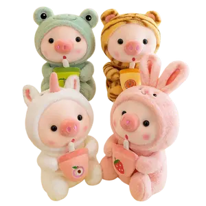 Kawaii Pig Plush Toy in Animal Costumes with Bubble Tea, Ultra-Soft Stuffed Animal Pillow, Frog Tiger Rabbit Designs, Gift for Girls and Teens