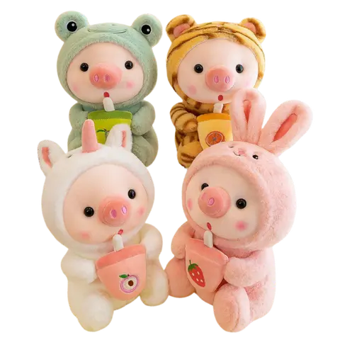 Kawaii Pig Plush Toy in Animal Costumes with Bubble Tea, Ultra-Soft Stuffed Animal Pillow, Frog Tiger Rabbit Designs, Gift for Girls and Teens