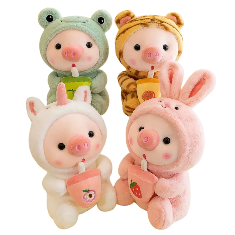Kawaii Pig Plush Toy in Animal Costumes with Bubble Tea, Ultra-Soft Stuffed Animal Pillow, Frog Tiger Rabbit Designs, Gift for Girls and Teens