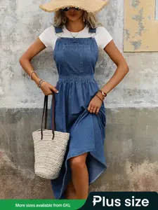 【Plus Size】 Pocket Overall Denim Dress without Inner Top, Casual Sleeveless Denim Dress for Daily Wear, Women's Plus Clothing for Summer