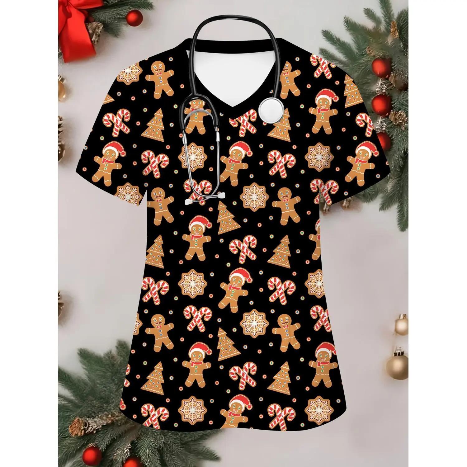 3D Printed Nurse Uniform V-Neck T-Shirt for Plus Size Women - Christmas & Halloween Gingerbread & Candy Cane Design with Pocket - Casual All-Season Workwear, Festive Gift for Healthcare Professionals