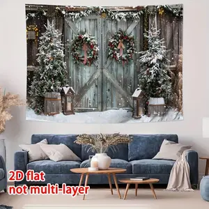 1pc 2D Flat Printing Christmas Rustic Wood Door Photography Backdrop Winter Xmas Pine Tree Gifts Family Decoration Background Wallpaper Durable Birthday Party Booth Props Banner Decorations Festival decor Ornaments Wooden