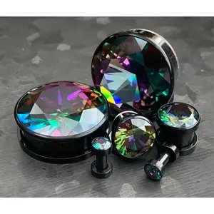 PAIR of Unique Large Vitrail Medium Gem Black Screw Fit Tunnels/Plugs - Gauges 8g (3.2mm) thru 1" (25mm)