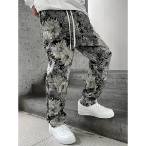 1pc K1166 Men'S Casual Floral Embroidered Drawstring Pants, Regular Fit Non-Stretch Fabric, Standard Length Fashion Loose Sport Trousers